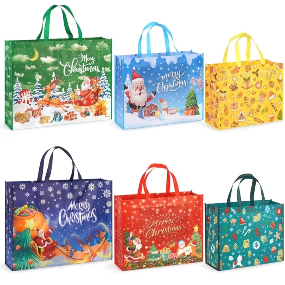 Set of 12 Merry Christmas Reusable Tote Bags